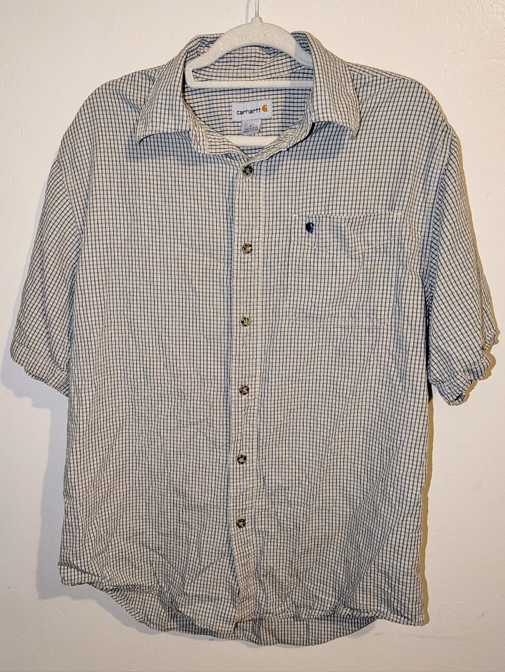 Carhartt Short-Sleeve Button-Down Shirt in White and Blue Check Size L